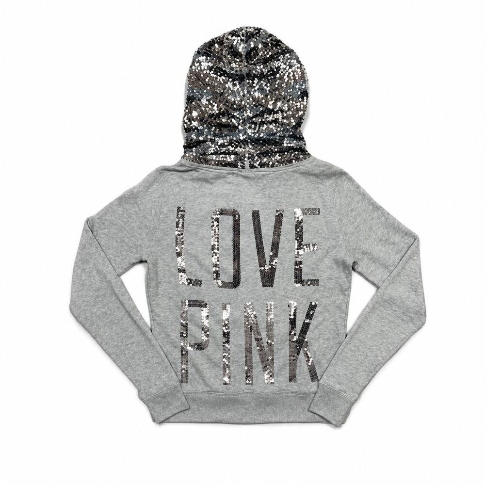 PINK Victoria’s Secret Gray Sequin Zebra Hood Zip-Up Hoodie XS - Y2K - Picture 1 of 10
